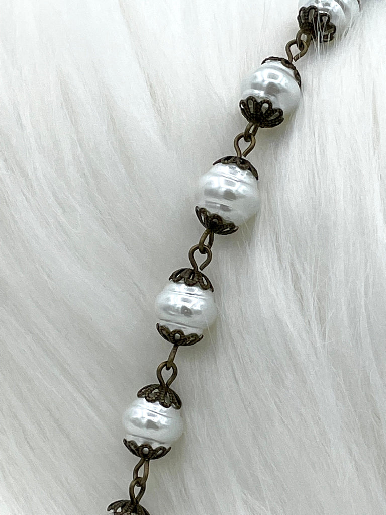 Vintage Porcelain Glass Pearl Freshwater Replica Beaded Chain,9mm Rosary Chain,White or Rose Dust.High Luster.Sold by the Foot Fast Shipping