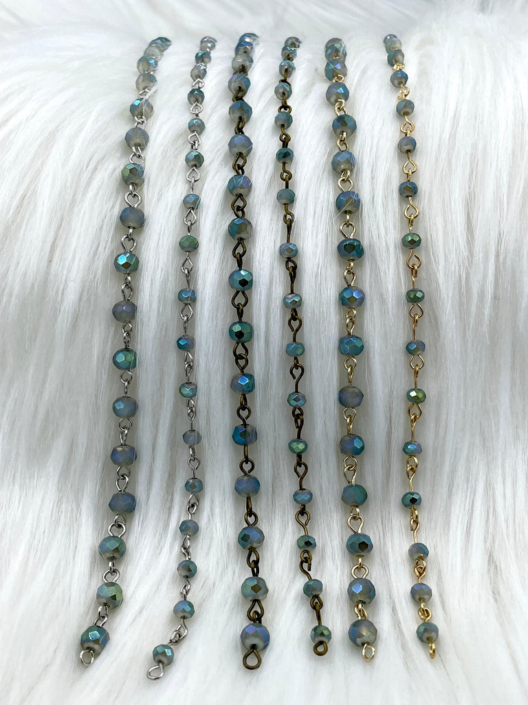Crystal Round Iridescent Rosary faceted glass beads Beaded Chain 6mm and 4 mm Silver Gold or Bronze, pin 1 Meter (39 ") Fast Ship Bling by A
