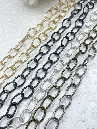 Cable Chain Textured Oval sold by the foot. 20mm x 13mm. Wire 2mm. Electroplated base metal, 7 finishes available. Fast ship