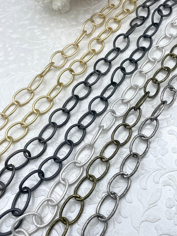 Cable Chain Textured Oval sold by the foot. 20mm x 13mm. Wire 2mm. Electroplated base metal, 7 finishes available. Fast ship