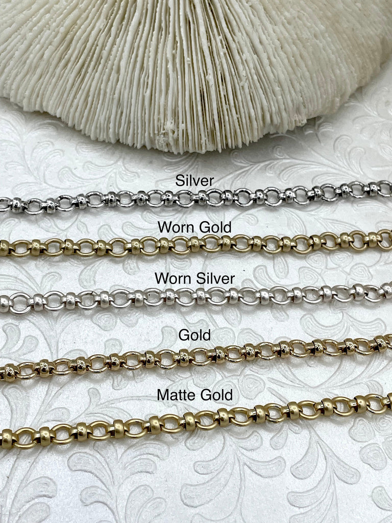 Brass Mixed Link Small Cable Chain Round sold by the foot. 6mm round. Electroplated brass, 5 Finishes Fast ship