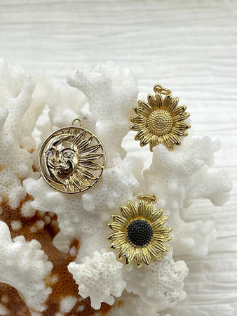 Sunflower and Sun Pendant/Charm, High Quality Necklace Bracelet Charm Pendant, Sunflower Charm, Gold Plated, Fast Ship