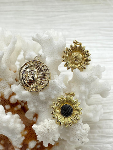 Sunflower and Sun Pendant/Charm, High Quality Necklace Bracelet Charm Pendant, Sunflower Charm, Gold Plated, Fast Ship