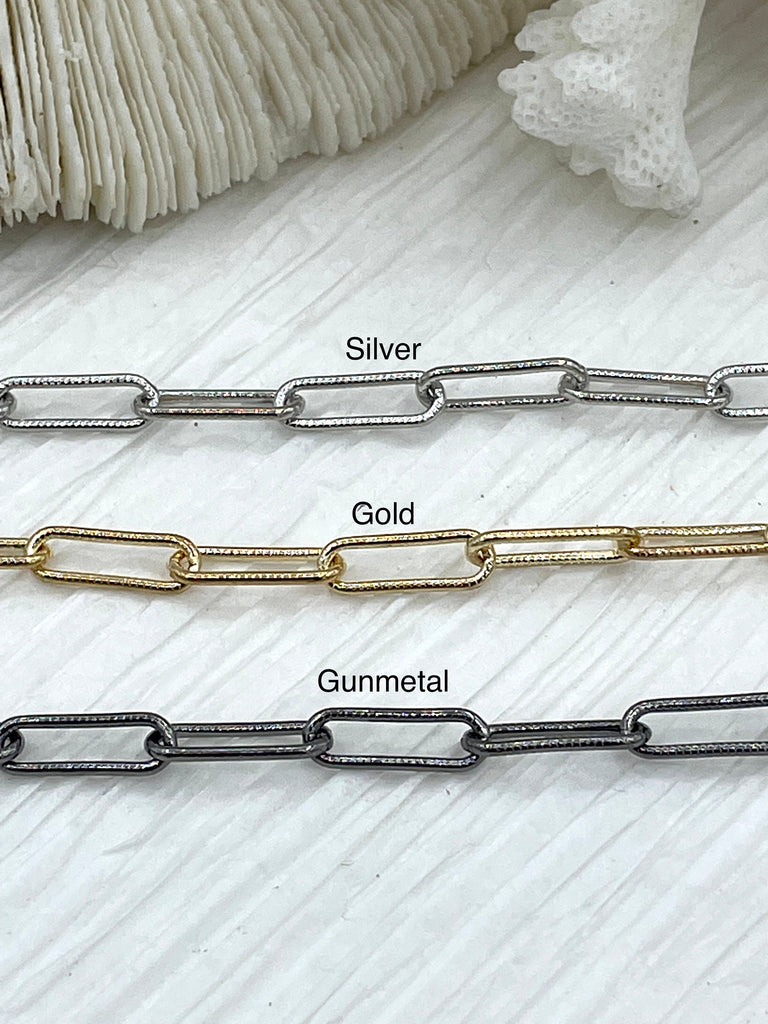 Paperclip Chain Base Metal  Long Skinny Oval Rectangle Paperclip textured Chain 15.1x5.1x1.1mm  Sold by the foot Electroplated Fast Ship