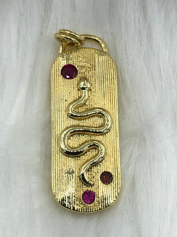 Snake Pendant, High Quality Brass CZ Snake Medallion, Gold plating, Garnet CZ 33mm x 12mm. Fast Ship
