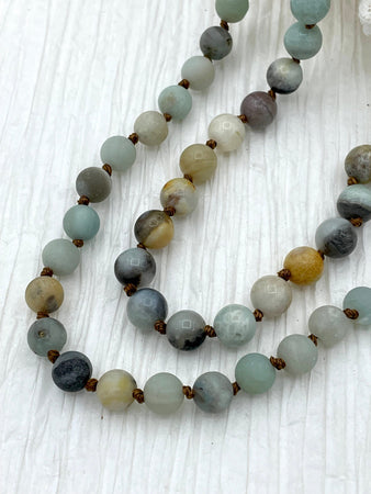 Amazonite Hand Knotted Gemstone Necklace, 36" Multi Color Amazonite, 6mm & 8mm Round smooth and Matte and Polished brown string Fast ship