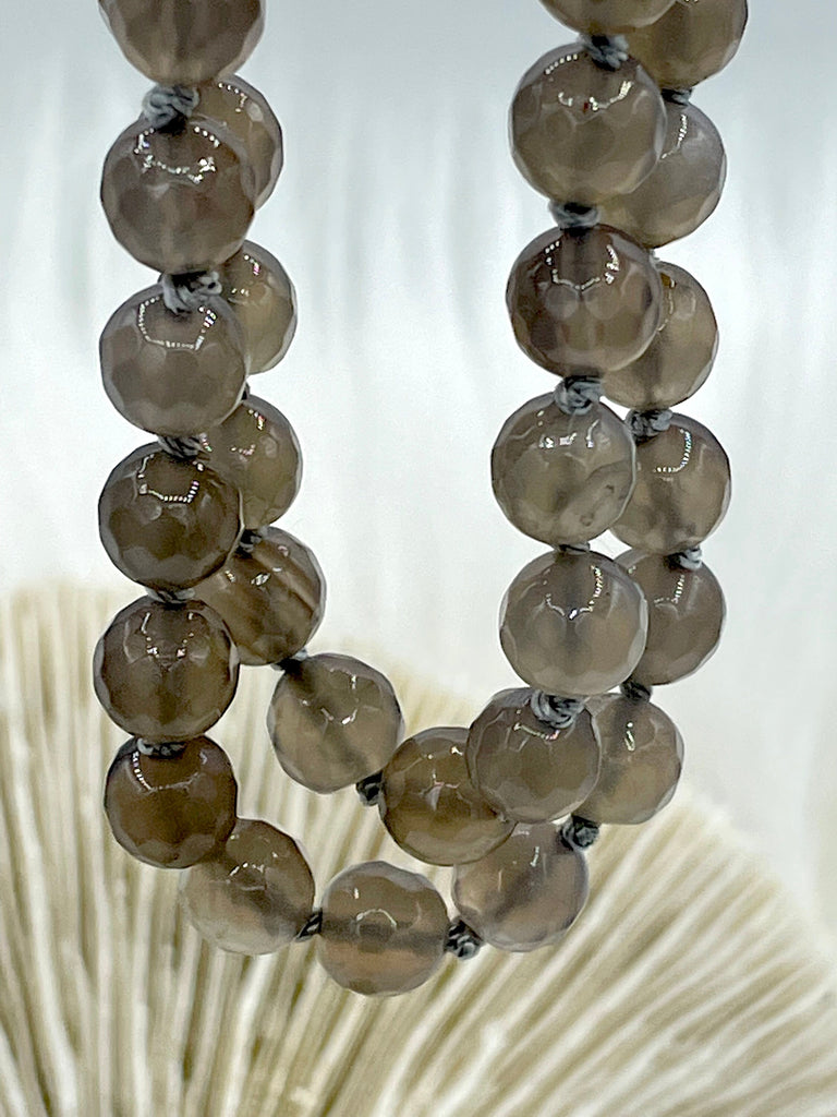 GRAY AGATE Hand Knotted Gemstone Necklace, 36" Agate, 8mm Polished finish with Gray thread. Fast ship