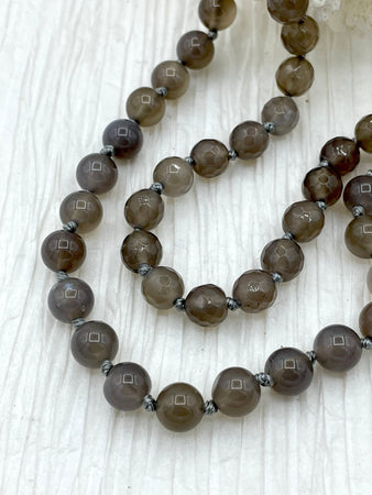 GRAY AGATE Hand Knotted Gemstone Necklace, 36" Agate, 8mm Polished finish with Gray thread. Fast ship