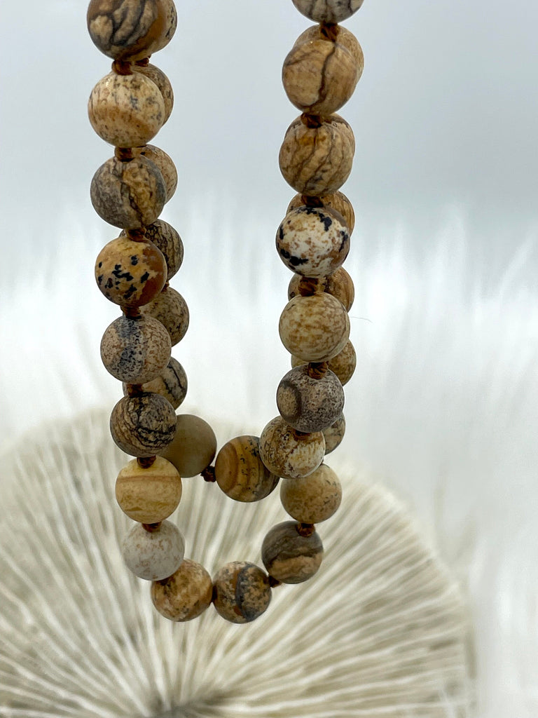 Picture Jasper Hand Knotted Gemstone Necklace, 36" MATTE finish PICTURE JASPER, 8mm Round with brown thread. Fast ship