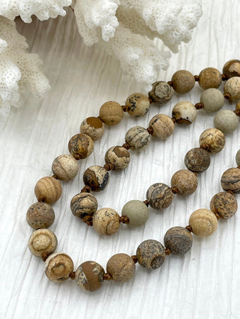 Picture Jasper Hand Knotted Gemstone Necklace, 36" MATTE finish PICTURE JASPER, 8mm Round with brown thread. Fast ship