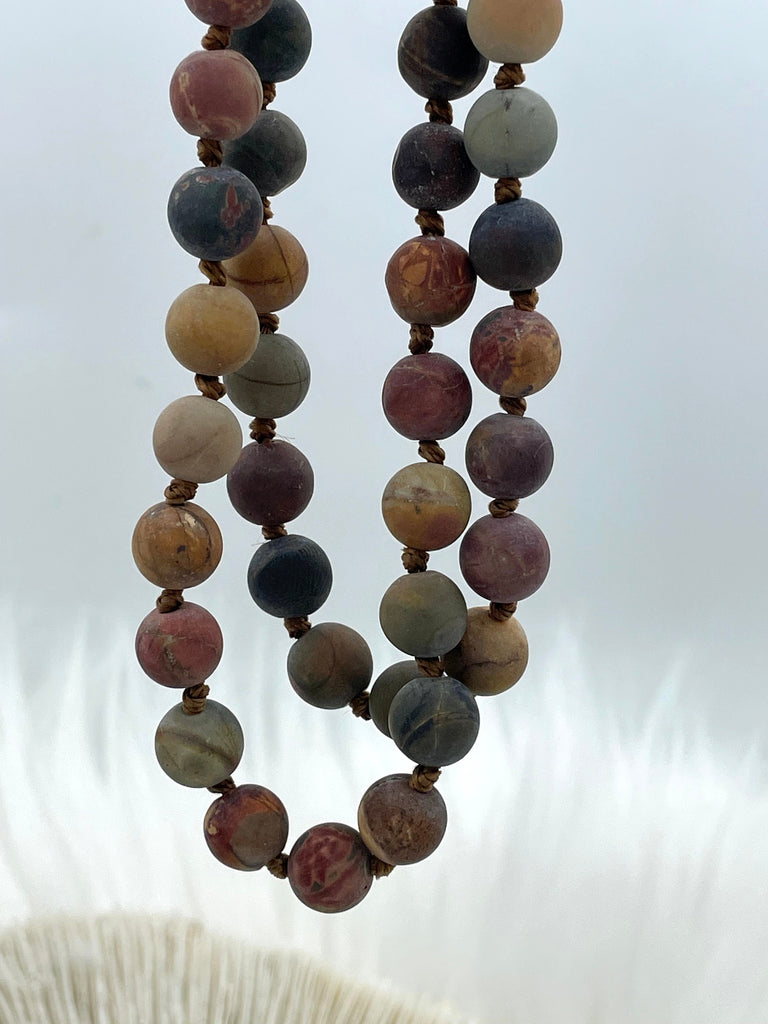 Matte RED CREEK JASPER Hand Knotted Gemstone Necklace, 36" Natural Stone, 8mm Round matte with brown thread.Fast ship