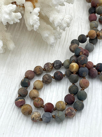 Matte RED CREEK JASPER Hand Knotted Gemstone Necklace, 36" Natural Stone, 8mm Round matte with brown thread.Fast ship