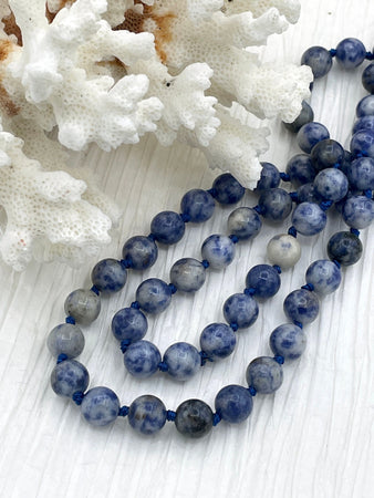 Sodalite Knotted Necklace, Mala Necklace, Beaded Necklace, Hand Knotted, Hand Knotted Gemstone Necklace, 36" 8mm Polished finish. Fast ship