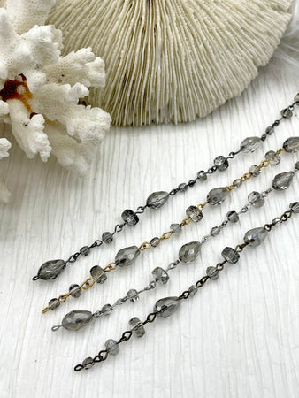 Crystal Transparent Gray mixed shape Rosary, faceted glass beads, Beaded Chain Gold,Silver or Gunmetal, pin 1 Meter (39 ") Fast Ship