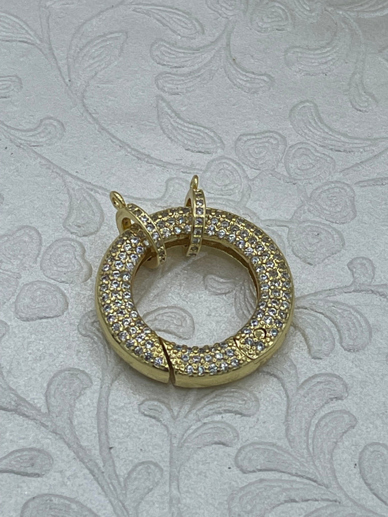 Micro Pave CZ Quality Brass Spring Clasp, Round Clasp, Easy Open Spring Gate, Gate Clasp, Extender. Gold or Silver, 25mm. Fast Ship