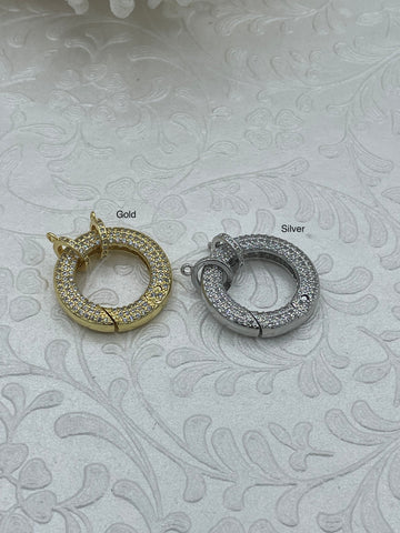 Micro Pave CZ Quality Brass Spring Clasp, Round Clasp, Easy Open Spring Gate, Gate Clasp, Extender. Gold or Silver, 25mm. Fast Ship