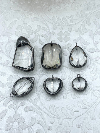Crystal Gunmetal Soldered Pendants and charms. Connector Soldered Charm, 6 Styles of Charms and Pendants, Clear Crystal. Fast Shipping