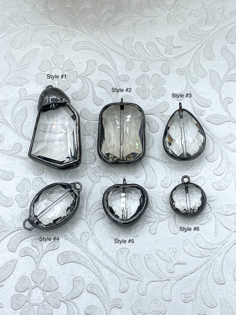 Crystal Gunmetal Soldered Pendants and charms. Connector Soldered Charm, 6 Styles of Charms and Pendants, Clear Crystal. Fast Shipping