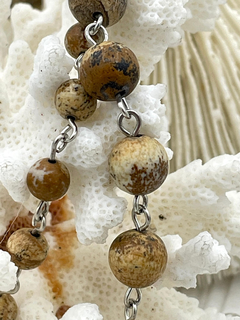 PICTURE JASPER GEMSTONE 1 meter (39") Rosary Chain, Beaded Chain, Bronze, Silver 4mm, 6mm ,8mm round & 6x8mm Rondelle beads. Fast Ship