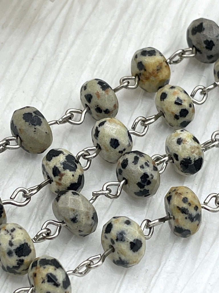 DALMATION JASPER GEMSTONE 1 meter (39") Rosary Chain, Beaded Chain, Silver Wire, 6x8mm Rondelle beads. Fast Ship