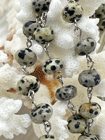 DALMATION JASPER GEMSTONE 1 meter (39") Rosary Chain, Beaded Chain, Silver Wire, 6x8mm Rondelle beads. Fast Ship