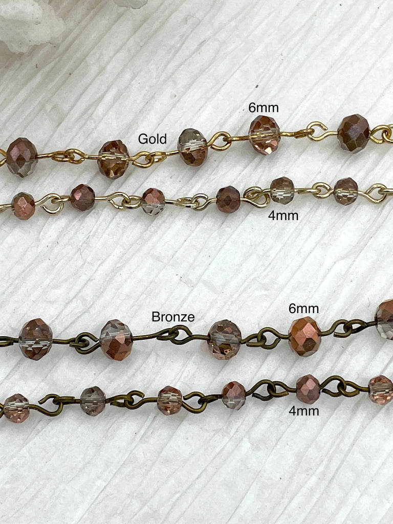Crystal Round Champagne Copper Rose Rosary faceted glass beads Beaded Chain 6mm and 4 mm Gold or Bronze, pin 1 Meter (39 ") Fast Ship