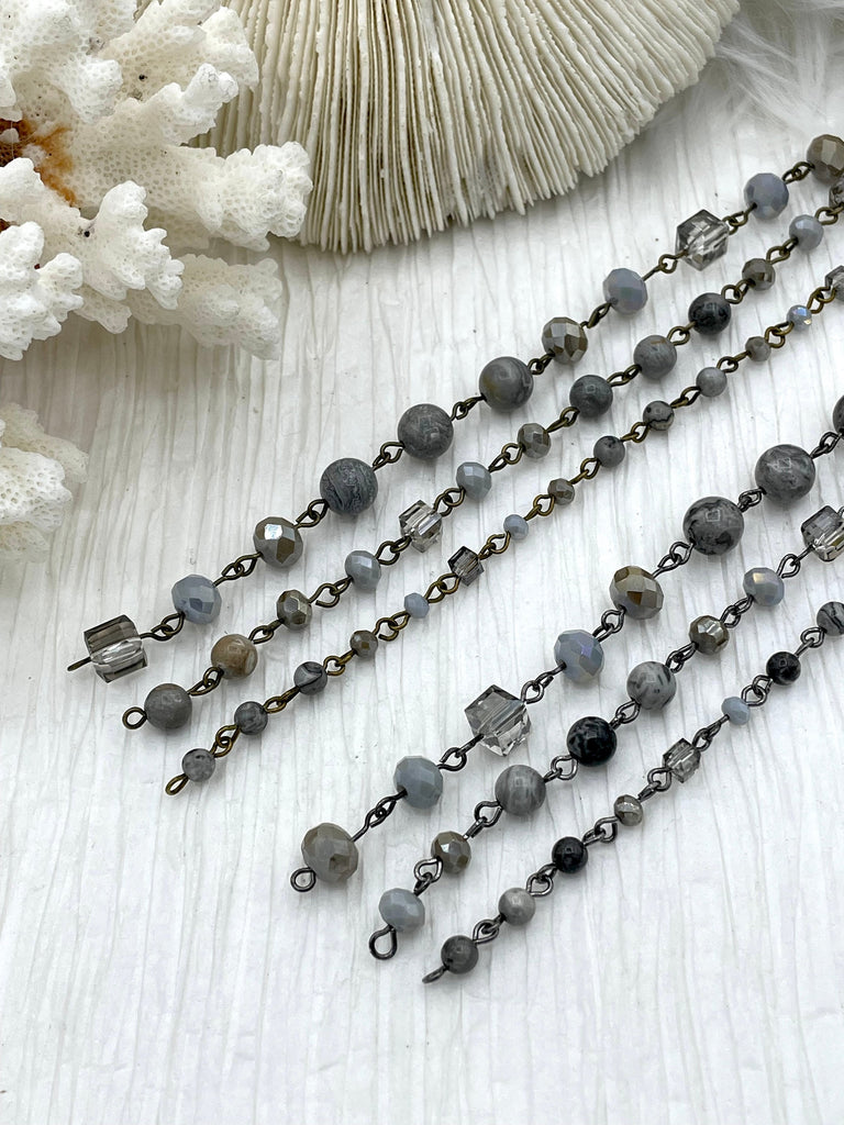 Gemstone Crystal mix Rosary Picasso Jasper Square and Rondelle Crystal Beaded Chain 8mm 6mm Gunmetal or Bronze, pin 1 Meter (39 ") Fast Ship
