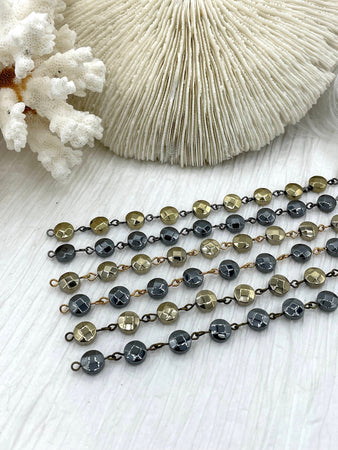 HEMATITE GEMSTONE 1 meter (39") Rosary Style Chain, 8mm coin Faceted beads, Bronze, Gold or Gunmetal Wire. Chain per meter (39") Fast ship