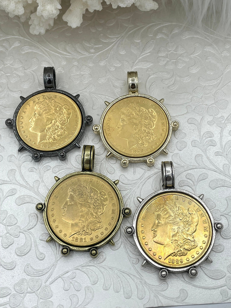 Reproduction Coin Pendant, Morgan Peace Dollar Coin Pendant, Coin Bezel, Vintage Coin Pendant, Gold Coin, 4 bezel colors. Fast Ship