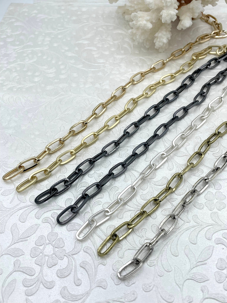 Cable Chain Smooth Oval sold by the foot. 18mmx7.5mm. Wire 2mm. Electroplated base metal, 7 finishes available. Fast ship