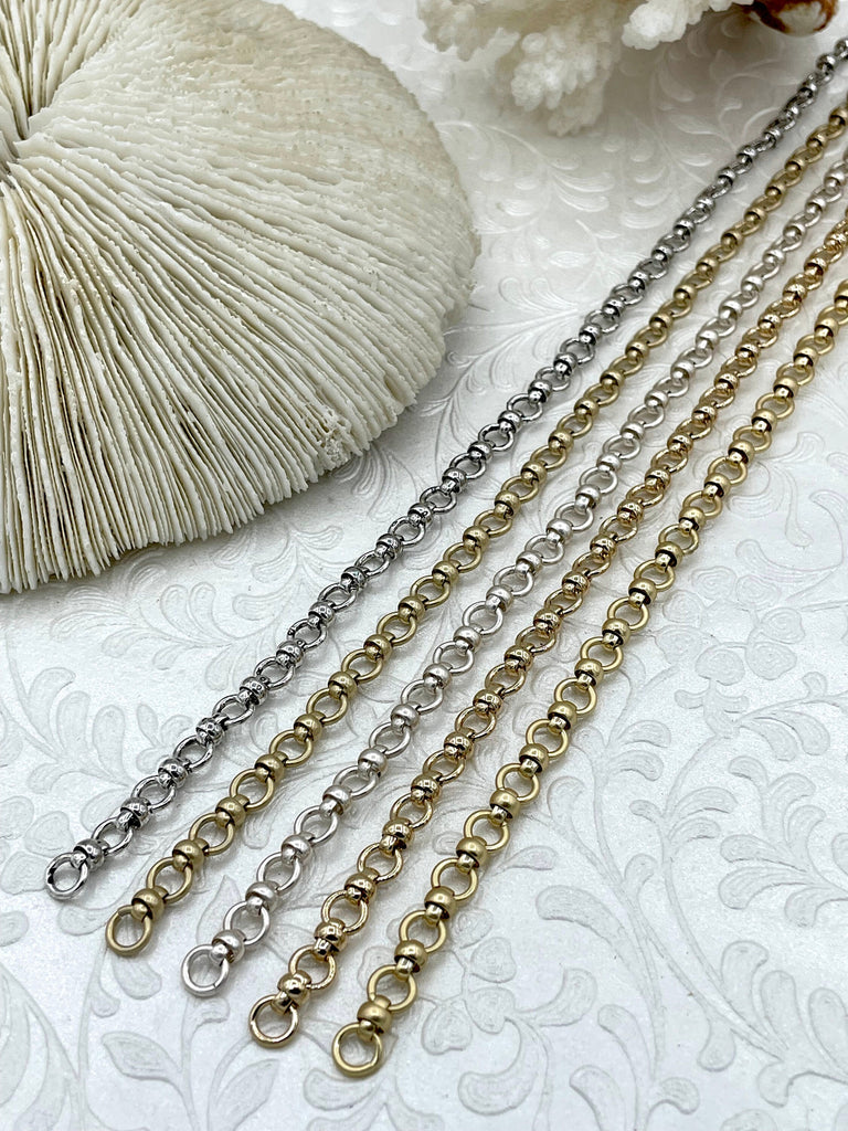 Brass Mixed Link Small Cable Chain Round sold by the foot. 6mm round. Electroplated brass, 5 Finishes Fast ship