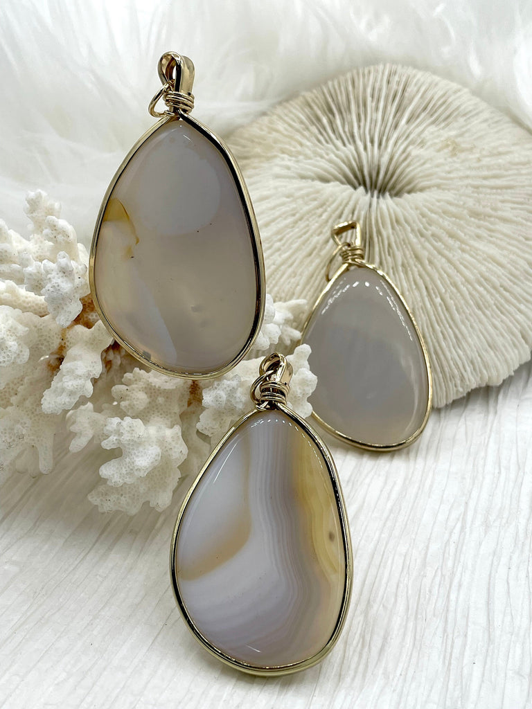 White & Gray Mixed Color Agate Pendant with Wire Wrapped Bezel Brass Gold Natural Stone Variety of Sizes and Color Stone Pendant Fast Ship
