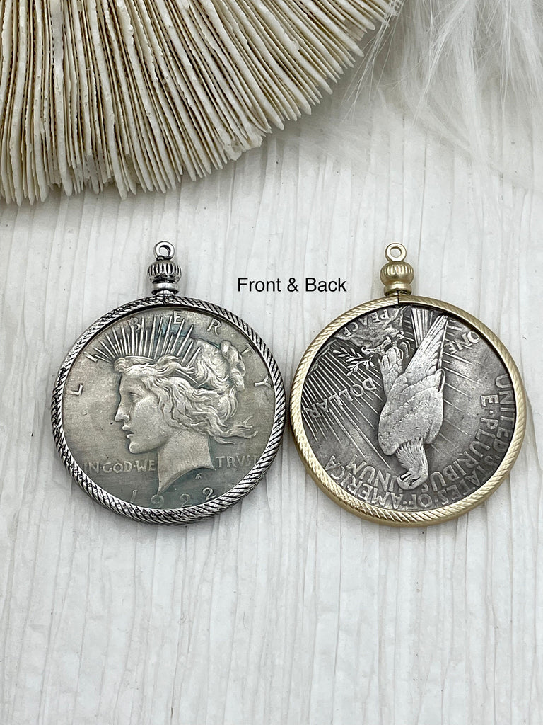 Reproduction Coin Pendant 39mm, Coin Bezel, Liberty Coin, Vintage Coin, 5 bezel colors. Fast Shipping