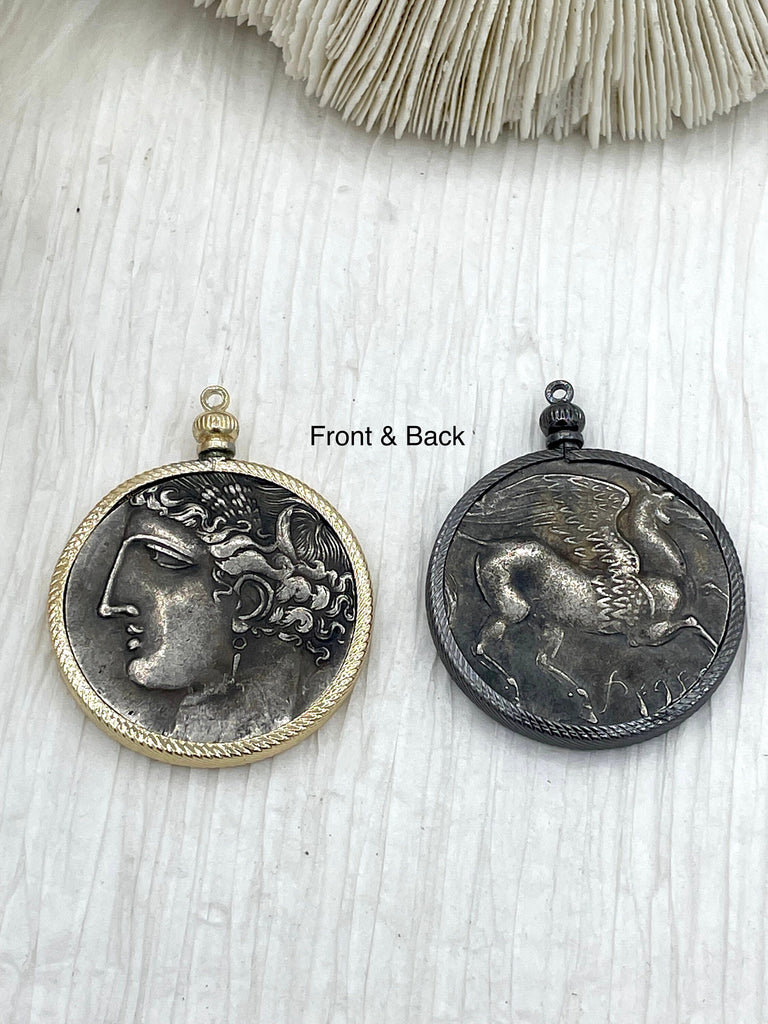 Reproduction Coin Pendant 39mm, Coin Bezel, Vintage Coin, Greek Coin, 5 bezel colors. Fast Shipping