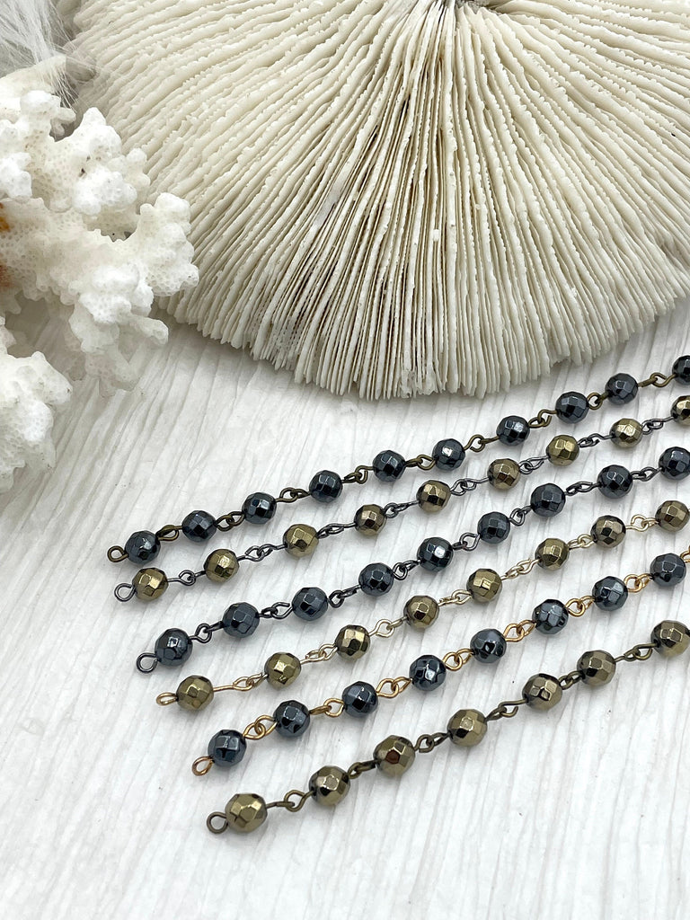 HEMATITE GEMSTONE 1 meter (39") Rosary Style Chain, 6mm Round Faceted beads, Bronze, Gold, or Gunmetal Wire.Chain per meter (39") Fast ship