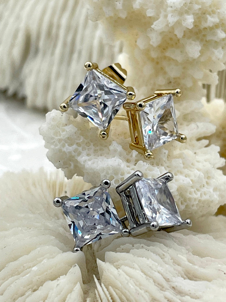 Princess Cut Simulated Diamond Stud Earrings, Brass Square Cubic Zirconia Earrings, Silver or Gold Stud, ,Statement Earrings,7mm, Fast Ship