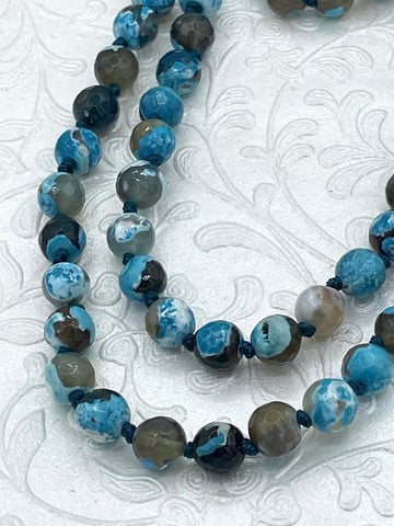 Blue Fire AGATE Faceted Hand Knotted Gemstone Necklace, 36" Agate, 8mm Faceted Polished finish with Turquoise thread. Fast ship