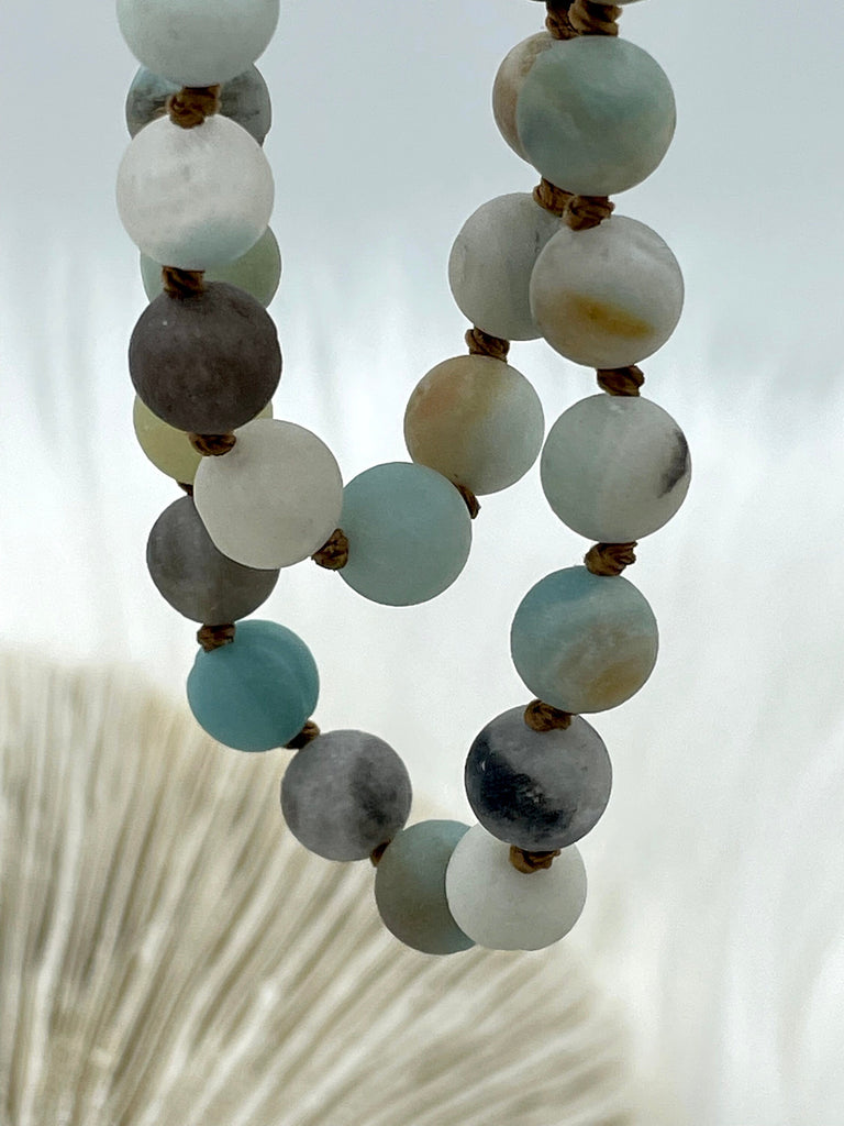 Amazonite Hand Knotted Gemstone Necklace, 36" Multi Color Amazonite, 6mm & 8mm Round smooth and Matte and Polished brown string Fast ship