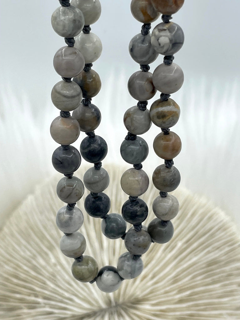 PICASSO AGATE MIX Hand Knotted Gemstone Necklace, 36", 8mm Polished finish with Dark Gray thread. Fast ship