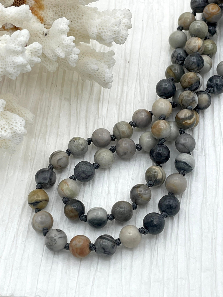 PICASSO AGATE MIX Hand Knotted Gemstone Necklace, 36", 8mm Polished finish with Dark Gray thread. Fast ship
