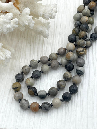 PICASSO AGATE MIX Hand Knotted Gemstone Necklace, 36", 8mm Polished finish with Dark Gray thread. Fast ship