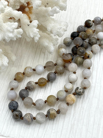 BAMBOO AGATE Hand Knotted Gemstone Necklace, 36" Bamboo Agate, 8mm Round Polished finish with brown thread. Fast ship