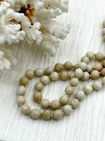 Cream Fossil Hand Knotted Gemstone Natural Stone Necklace, 36" FOSSIL, 8mm Round faceted cream thread. Natural Stone Fast ship