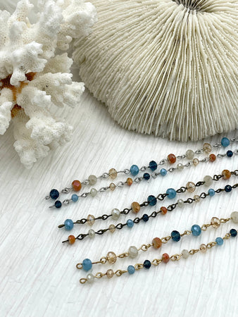 Crystal Round Mixed Rosary faceted glass beads Blue Navy Cream Peach, champagne 6mm and 4mm Gold, Silver or Bronze, 1 Meter (39 ")Fast Ship