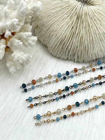 Crystal Round Mixed Rosary faceted glass beads Blue Navy Cream Peach, champagne 6mm and 4mm Gold, Silver or Bronze, 1 Meter (39 ")Fast Ship