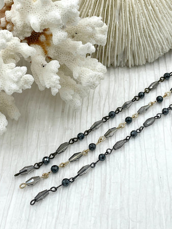 Gemstone Crystal mix Rosary Hematite and Diamond shape Crystal Beaded Chain Bronze, or Gold pin 1 Meter (39 ") Fast Ship