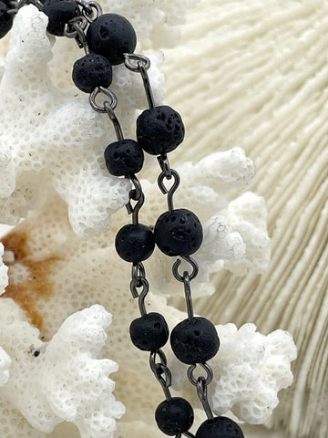 Black lava Beaded Chain Rosary beads, 6mm and 4 mm Silver or Gunmetal, pin 1 Meter (39 ") Fast Ship WHOLESALE