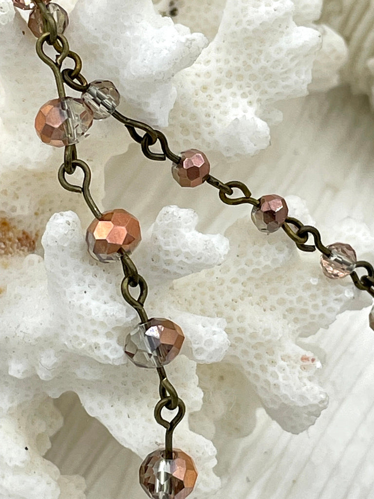 Crystal Round Champagne Copper Rose Rosary faceted glass beads Beaded Chain 6mm and 4 mm Gold or Bronze, pin 1 Meter (39 ") Fast Ship