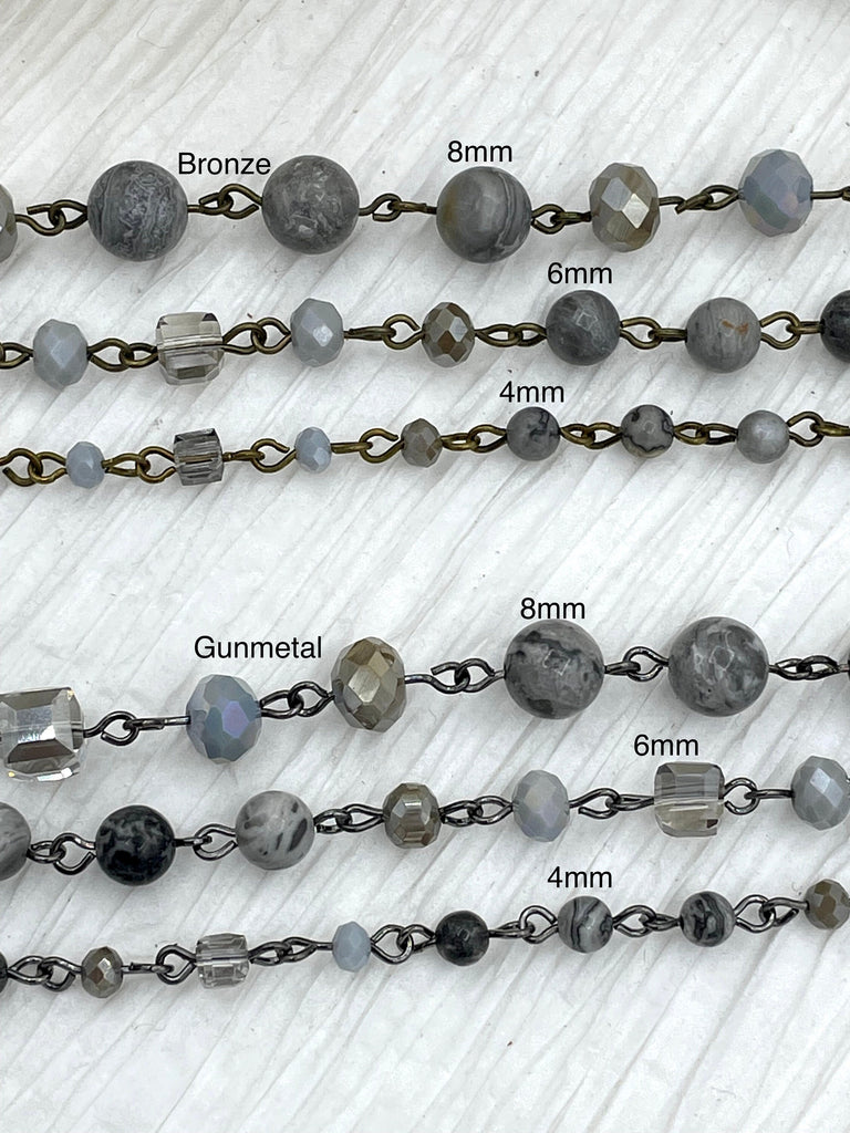 Gemstone Crystal mix Rosary Picasso Jasper Square and Rondelle Crystal Beaded Chain 8mm 6mm Gunmetal or Bronze, pin 1 Meter (39 ") Fast Ship
