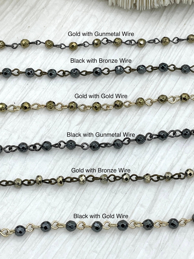 HEMATITE GEMSTONE 1 meter (39") Rosary Style Chain, 4mm Faceted beads, Bronze, Gunmetal, or Gold Wire. Chain per meter (39") Fast ship